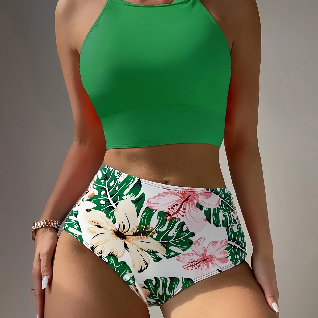 Island Bloom High Waist Bikini Set for Summer – Colorblock Tropical Print Two-Piece Swimsuit with Round Neckline Ultra-Stretch Fit & Applique Detail – Stylish and Comfortable Women’s Swimwear for Pool Beach & Summer Escapes