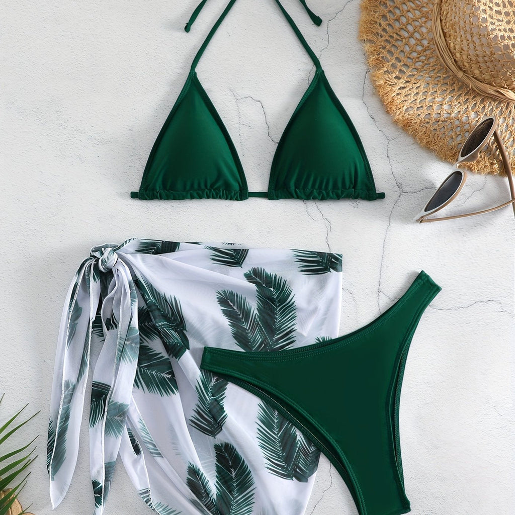 Feather Luxe 3-Piece Bikini Set – Exotic Feather Print Halter Neck Backless Swimsuit with High Cut Tie Back Bottoms and Wrap Cover-Up – Women’s High-Stretch Comfortable Swimwear for Summer Beach & Pool Vacations