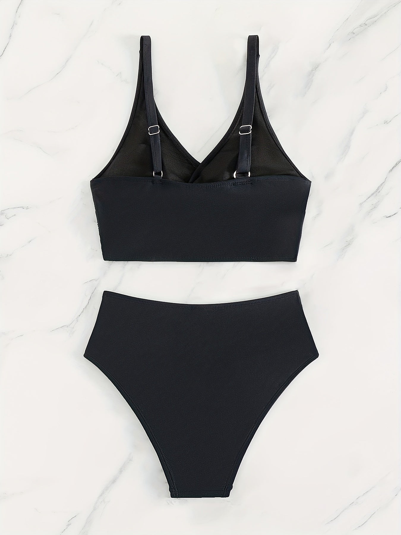 Bikini Solid Black Twist Front High Waist 2 Piece Swimsuit for Women – Stretchy V Neck Bikini Set with Ruched Tummy Control and Cross Strape Detail – Quick Drying Polyamide Swimwear for Beachwear Poolside and Summer Travel