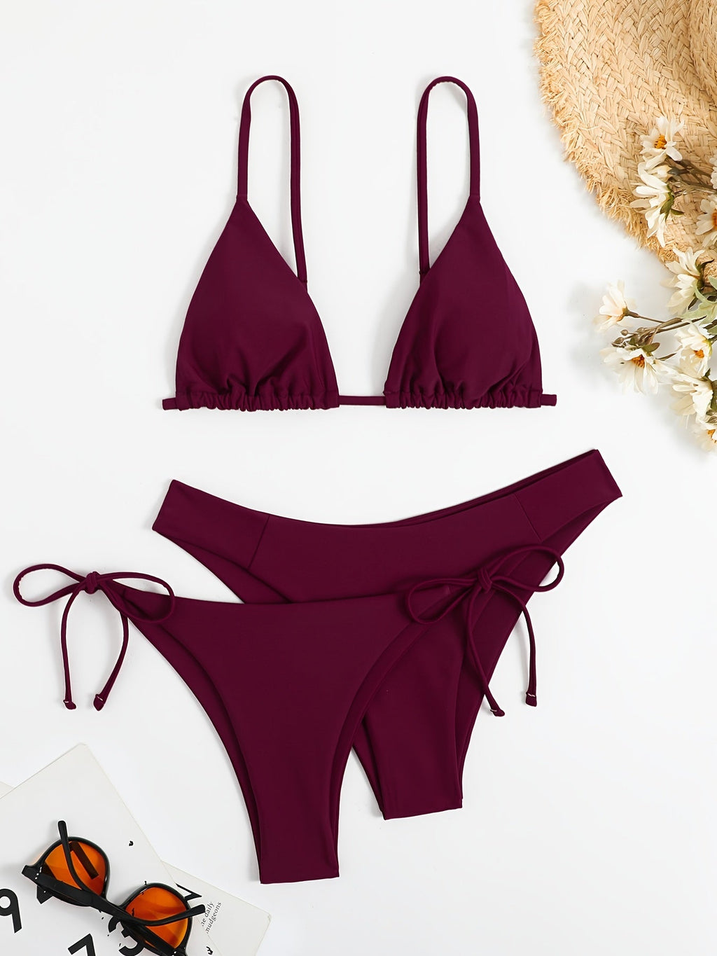 Essential Edge 3-Piece Bikini Set for Women – Solid Color High-Cut Triangle Top Two-Style Bottoms with Side Lace-Up Design & Quick-Drying Comfort – Versatile Women's Swimwear for Summer Pool Beach & Travel
