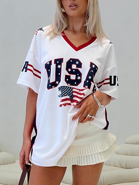 LUKYCILD USA Jersey Shirts for Women Oversized Patriotic Tshirt 4th of July Outfits American Flag Graphic Tee V Neck Y2K Tops