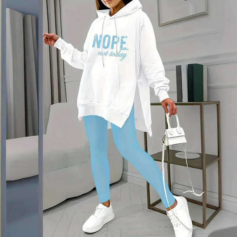 Casual 2-Piece Set Solid Color Leggings & Letter Print Hooded Sweatshirt