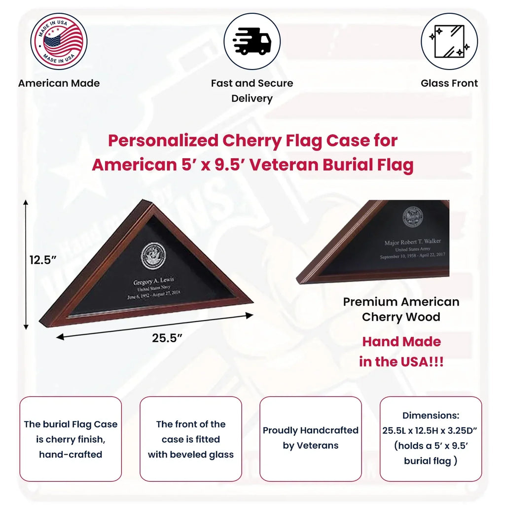 US Military Personalized Cherry Flag Case for American 5’x9.5’ Veteran Burial Flag