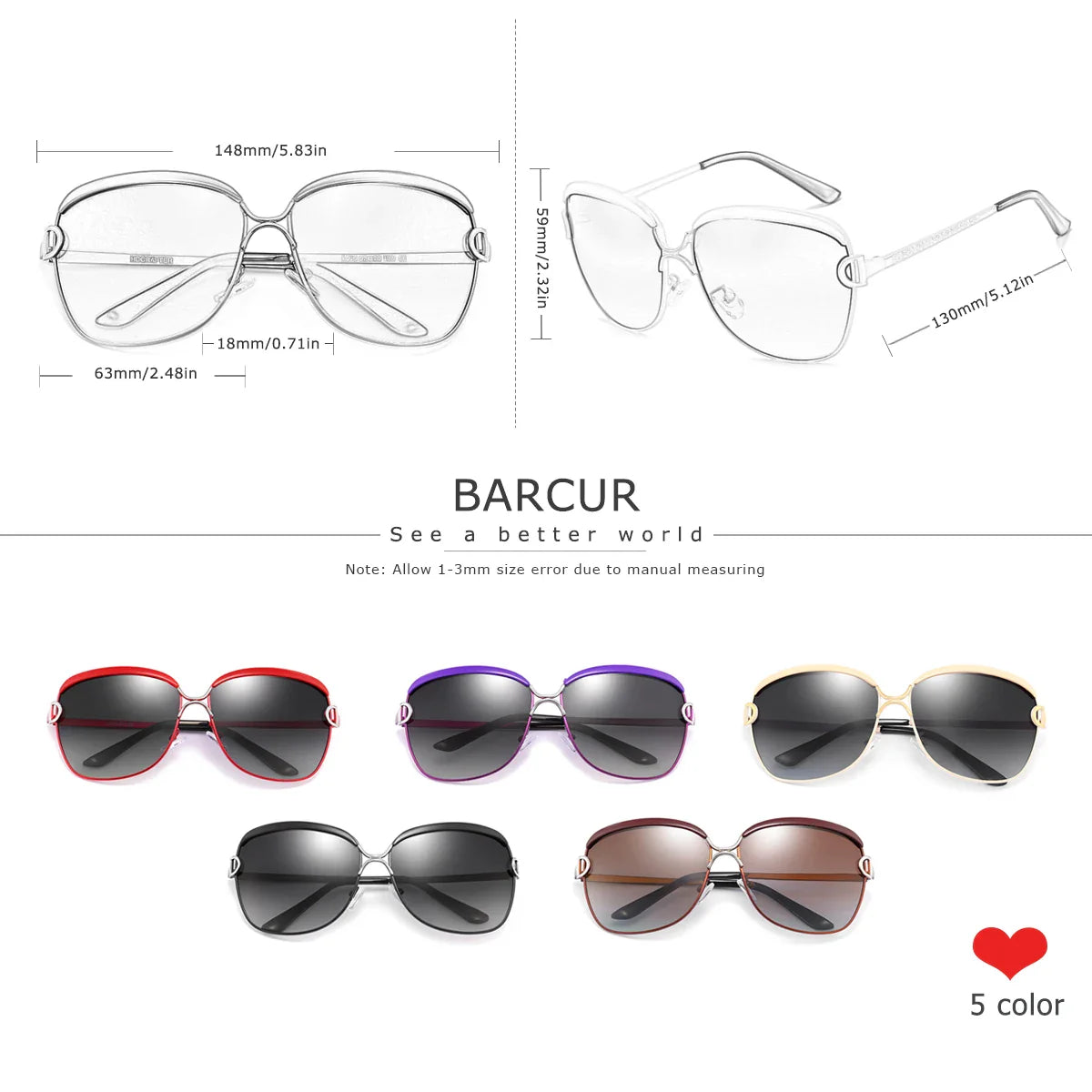 BARCUR Sunglasses Women’s Fashion Polarized Metal Frame Sunglasses UV400 Protection Multi-Color Options Trendy Square Sunglasses with Exquisite White Gift Box for Summer Parties Travel & Outdoor Events