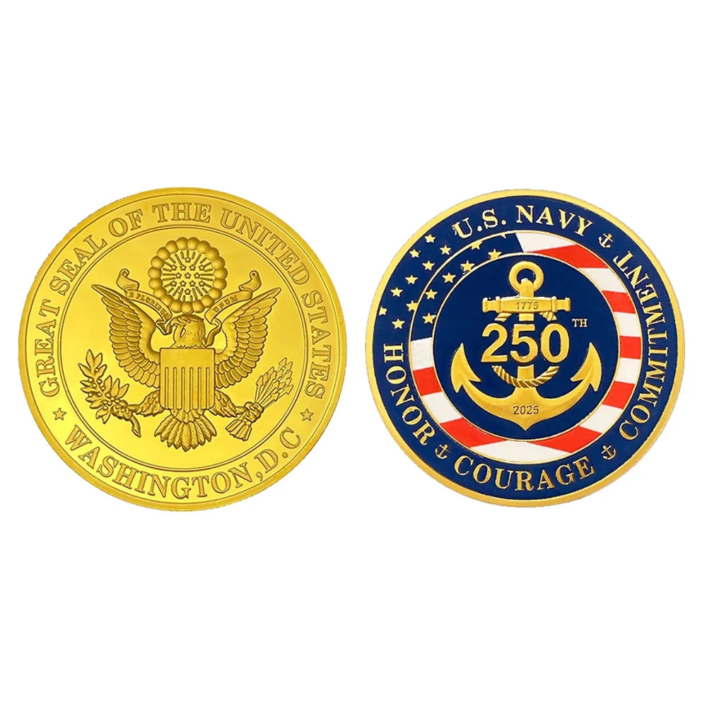 New U.S. NAVY Gold Plated Coin US Navy 250th Commemorative Coins Inciuding Honor Courage Commitment Metal Medal Collection Gift