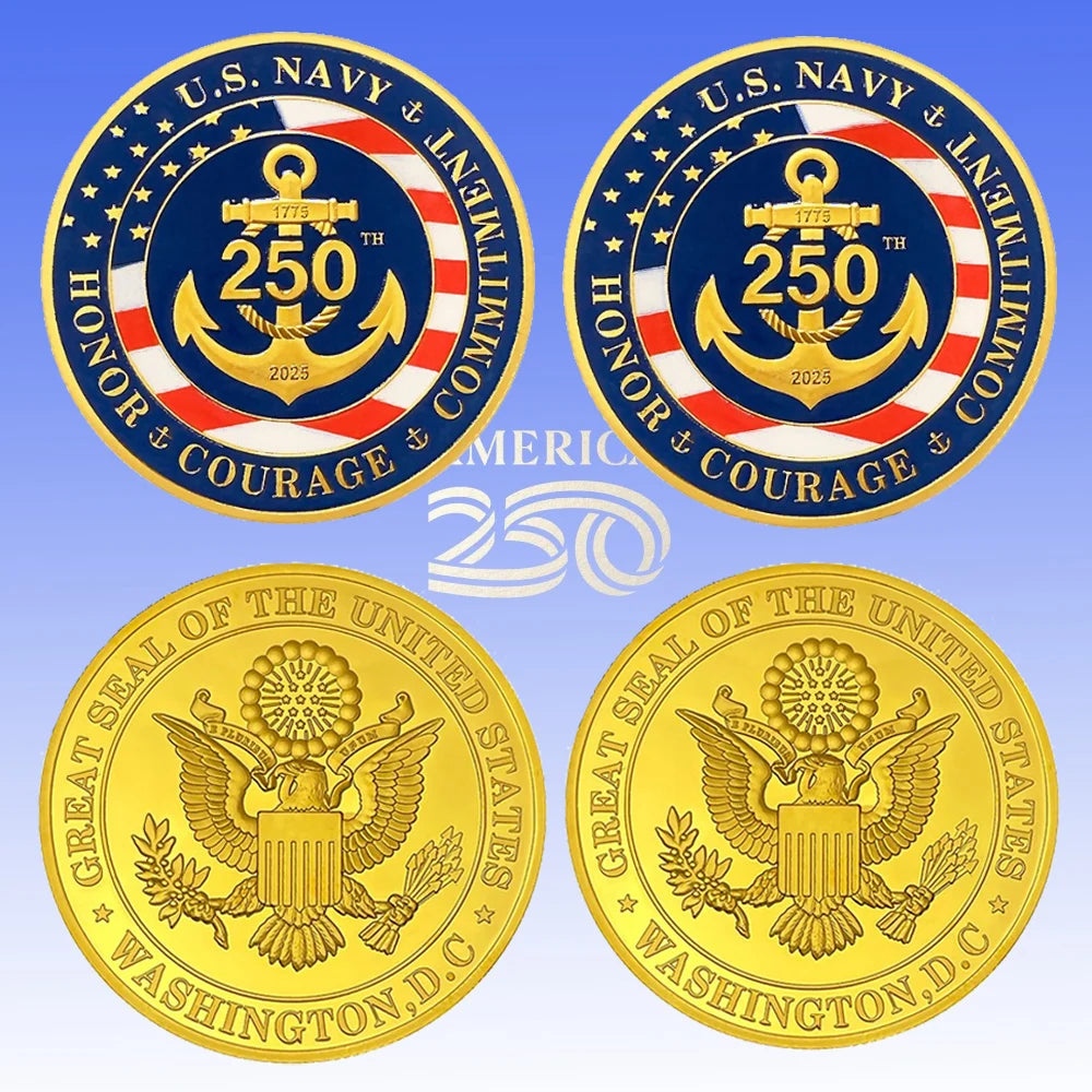 New U.S. NAVY Gold Plated Coin US Navy 250th Commemorative Coins Inciuding Honor Courage Commitment Metal Medal Collection Gift