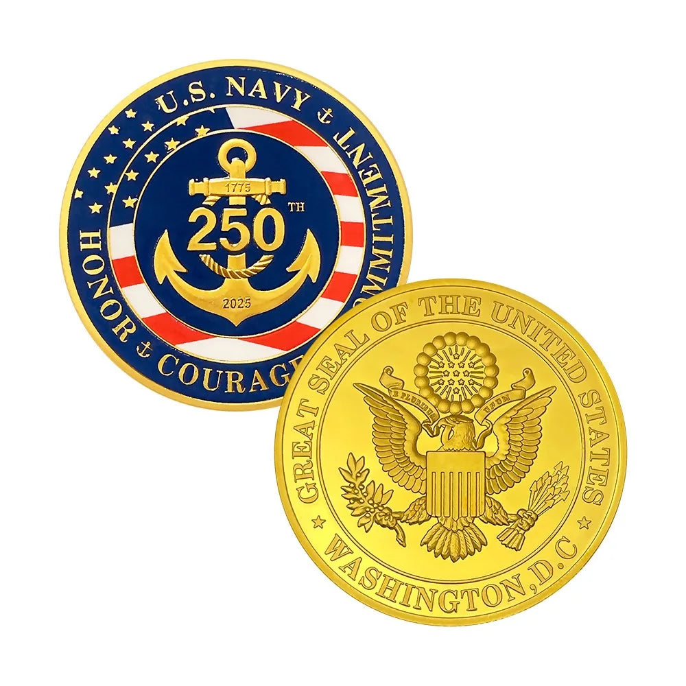 New U.S. NAVY Gold Plated Coin US Navy 250th Commemorative Coins Inciuding Honor Courage Commitment Metal Medal Collection Gift