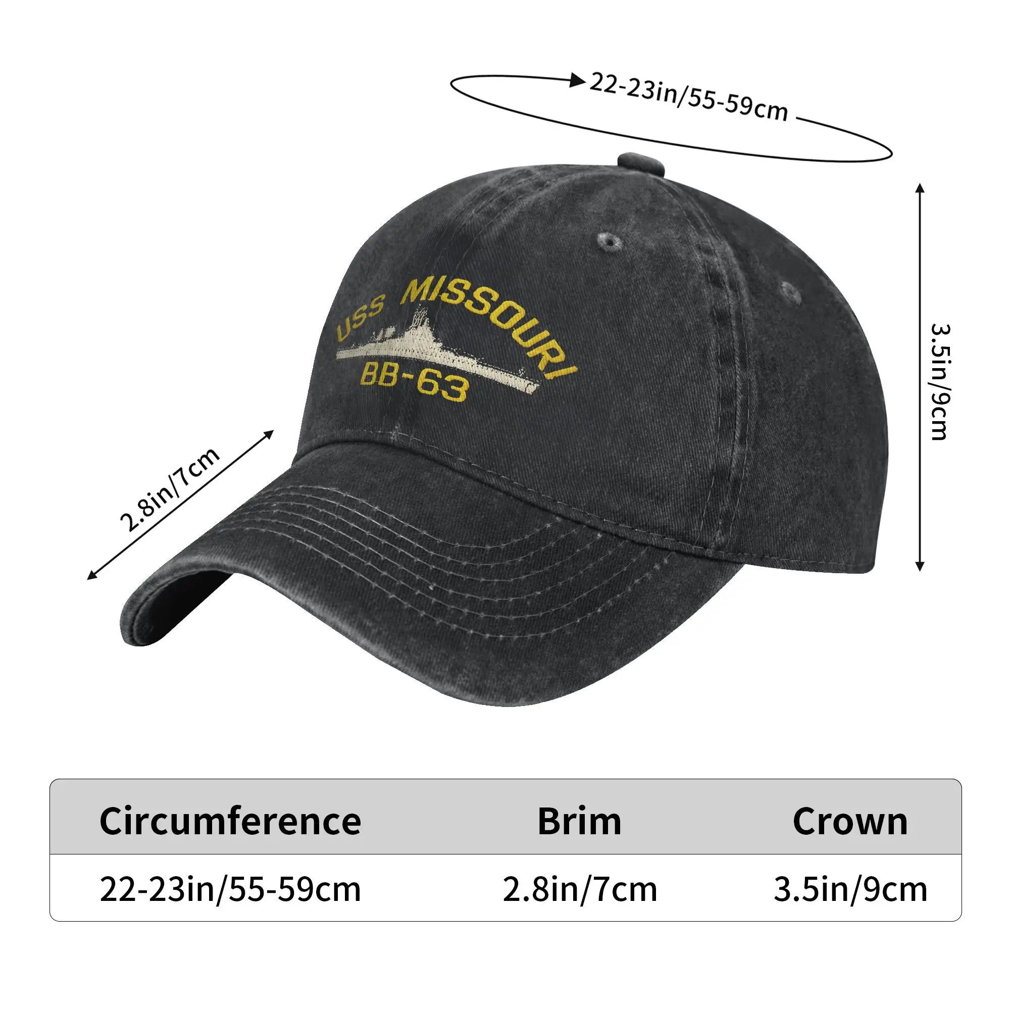 Classic USS Missouri BB-63 Baseball Caps for Men Women Distressed Denim Headwear Warship Navy Ship Outdoor Running Golf Gift Hat