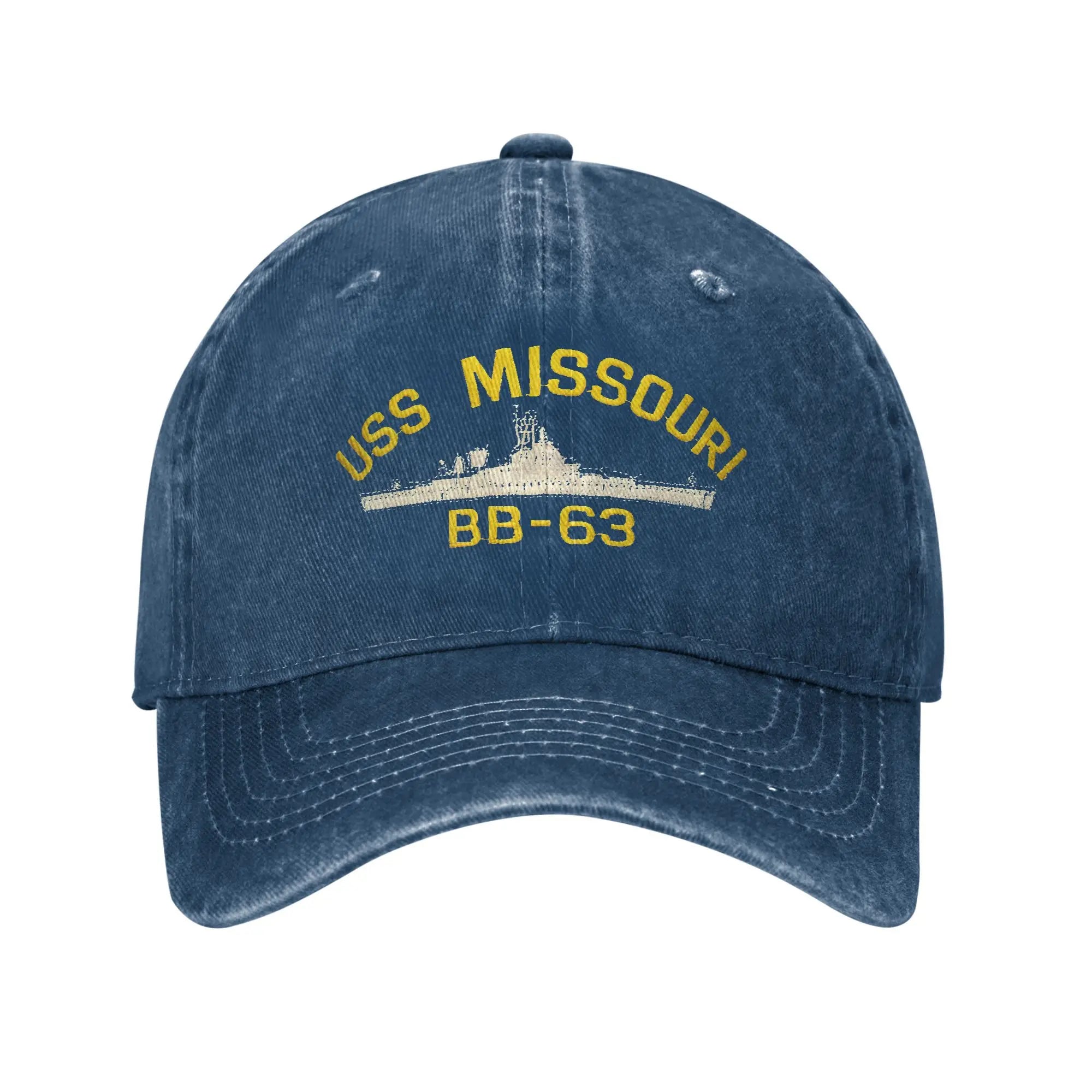 Classic USS Missouri BB-63 Baseball Caps for Men Women Distressed Denim Headwear Warship Navy Ship Outdoor Running Golf Gift Hat