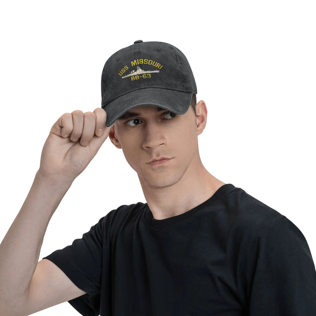 Classic USS Missouri BB-63 Baseball Caps for Men Women Distressed Denim Headwear Warship Navy Ship Outdoor Running Golf Gift Hat