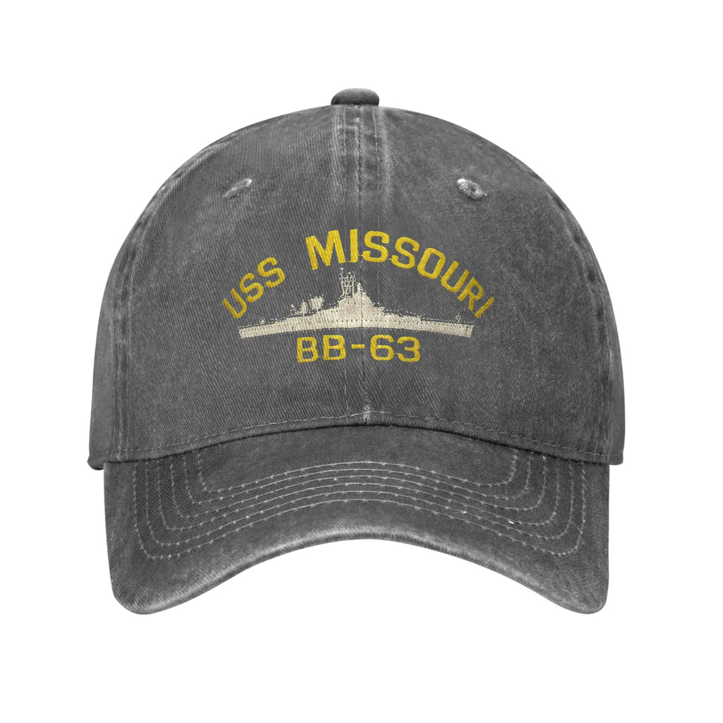Classic USS Missouri BB-63 Baseball Caps for Men Women Distressed Denim Headwear Warship Navy Ship Outdoor Running Golf Gift Hat