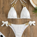 Bikini Ruched Texture Golden Chain 2 Piece Triangle Swimsuit for Women – Striped Halter Bikini Set with Bow Tie Side and Elegant Ring Link Detail – Stretchy Beachwear for Pool Bathing and Summer Vacations