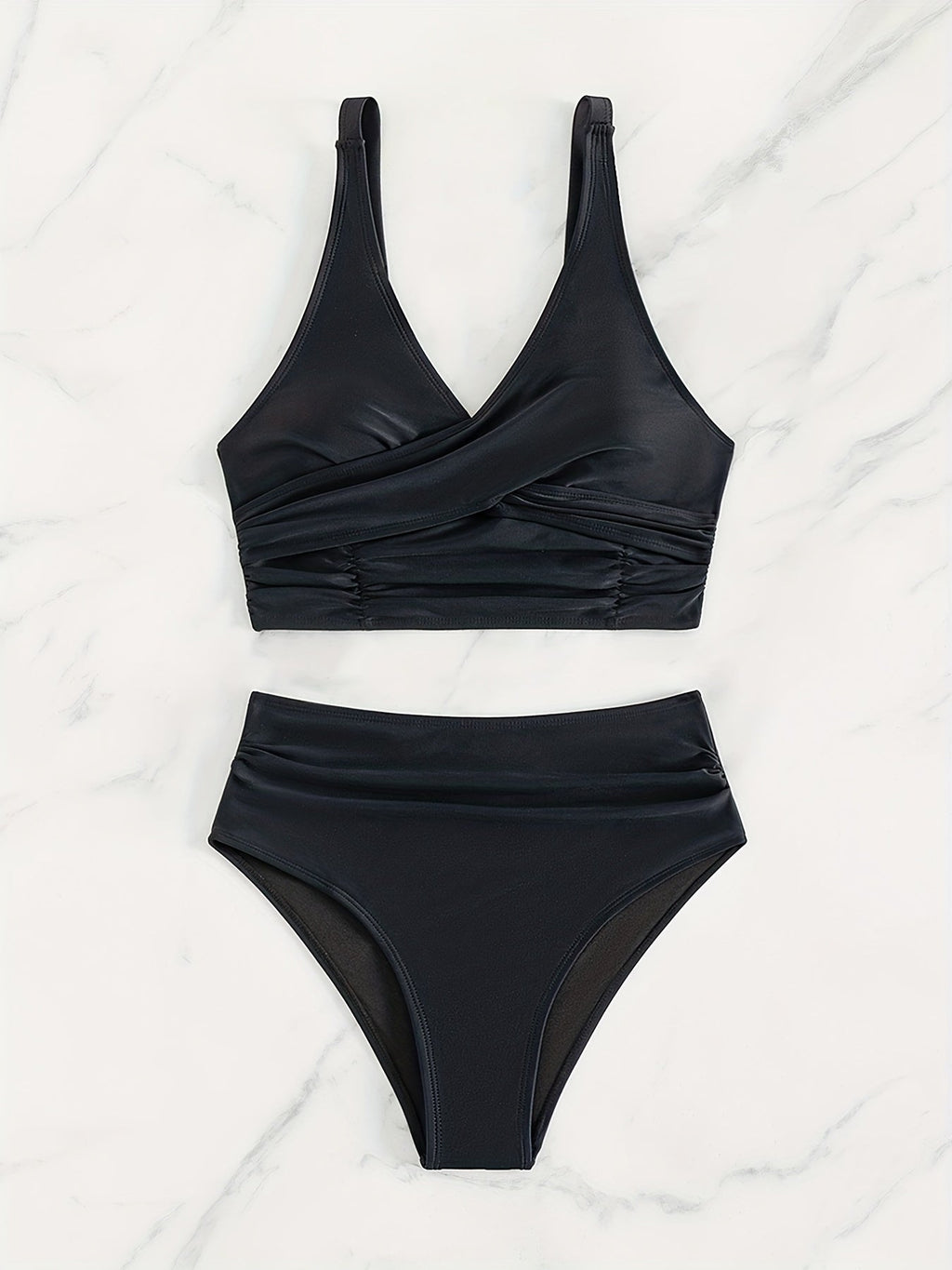 Bikini Solid Black Twist Front High Waist 2 Piece Swimsuit for Women – Stretchy V Neck Bikini Set with Ruched Tummy Control and Cross Strape Detail – Quick Drying Polyamide Swimwear for Beachwear Poolside and Summer Travel