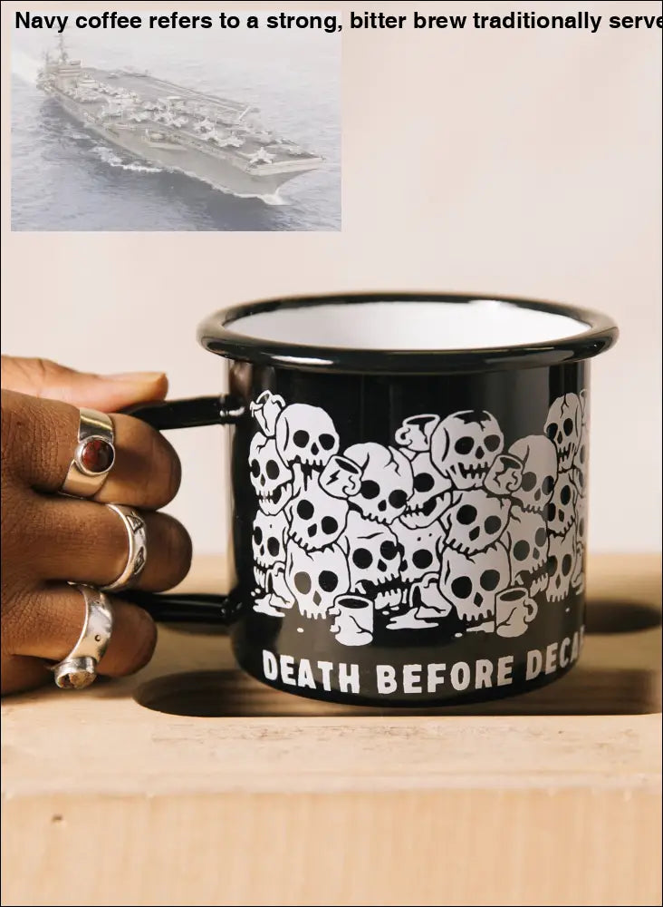 Death Before Decaf Enamel Mug 12 oz Stainless Steel Coffee Cup with Skull Print Black & White Interior Durable Drinkware Printed Stylish Beverage Tumbler Reusable Washable Ceramics