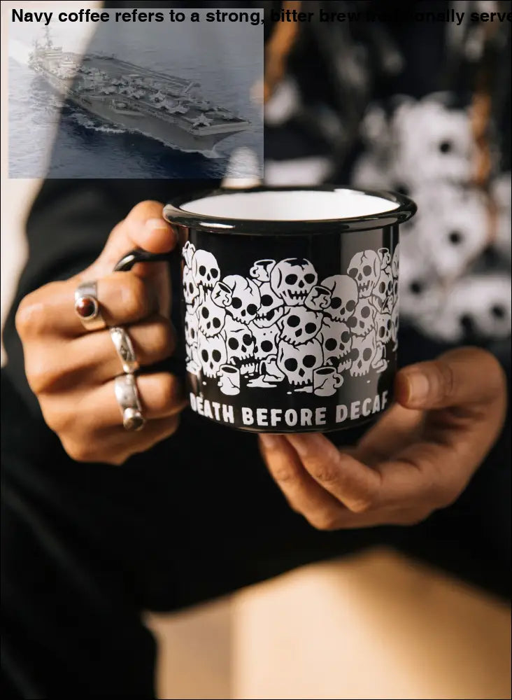 Death Before Decaf Enamel Mug 12 oz Stainless Steel Coffee Cup with Skull Print Black & White Interior Durable Drinkware Printed Stylish Beverage Tumbler Reusable Washable Ceramics