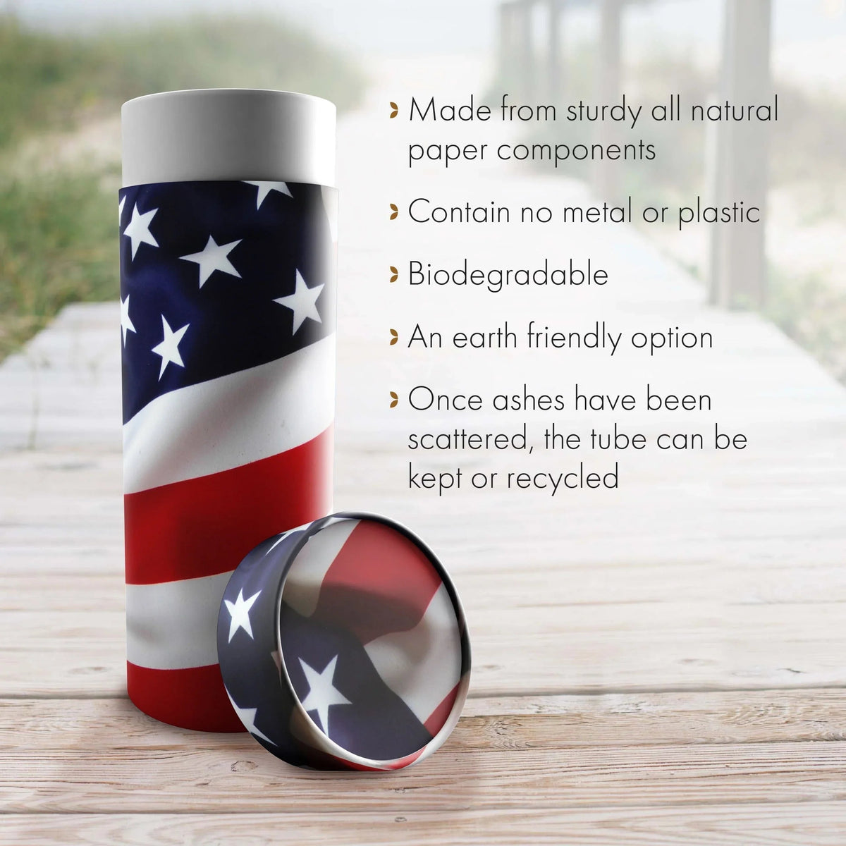 American Flag - Biodegradable & Eco Friendly Burial or Scattering Urn / Tube  for Ashes and Cremation