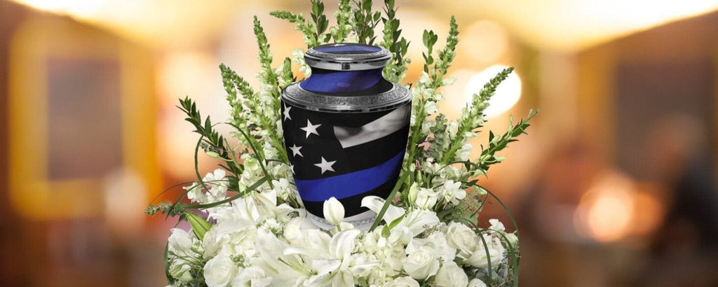 Thin Blue Line Police Cremation Urns for Human Ashes - Large Adult Funeral Urn