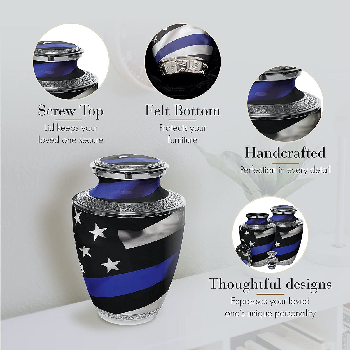 Thin Blue Line Police Cremation Urns for Human Ashes - Large Adult Funeral Urn