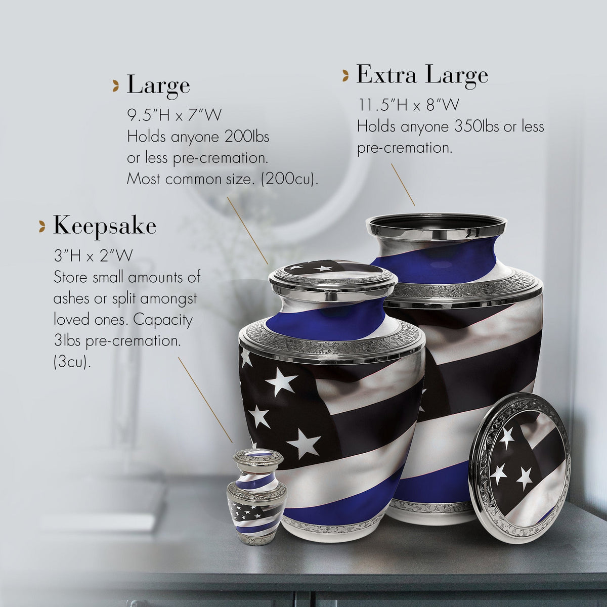 Thin Blue Line Police Cremation Urns for Human Ashes - Large Adult Funeral Urn