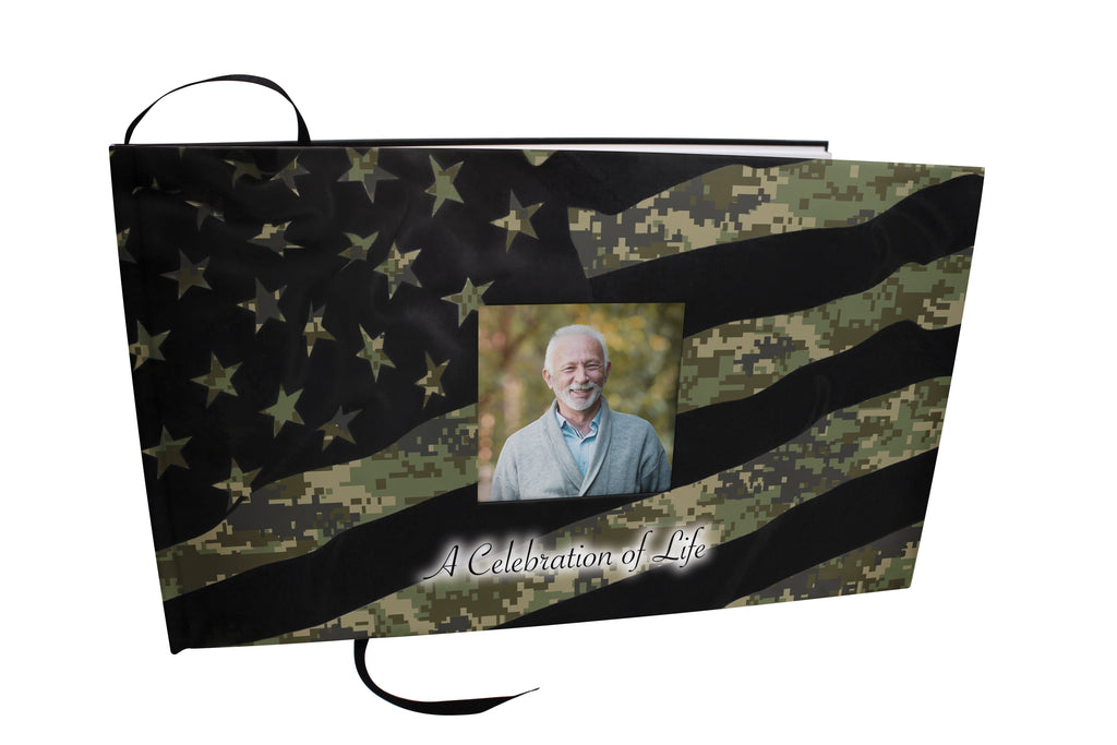 Digital Camouflage Matching Themed 'Celebration of Life' Guest Book for Funeral or Memorial Service