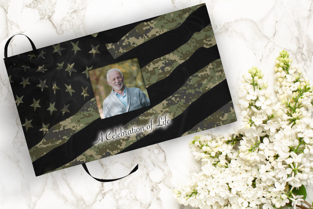 Digital Camouflage Matching Themed 'Celebration of Life' Guest Book for Funeral or Memorial Service