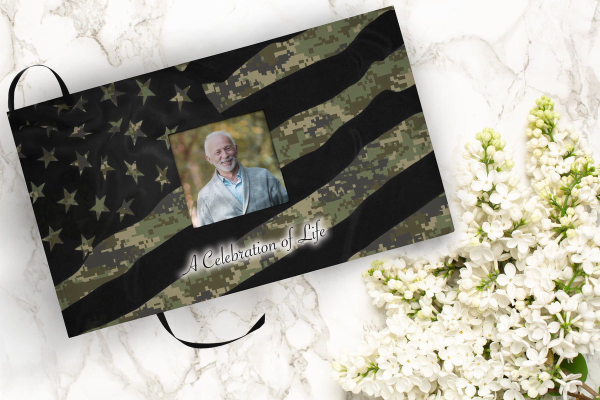 Digital Camouflage Matching Themed 'Celebration of Life' Guest Book for Funeral or Memorial Service