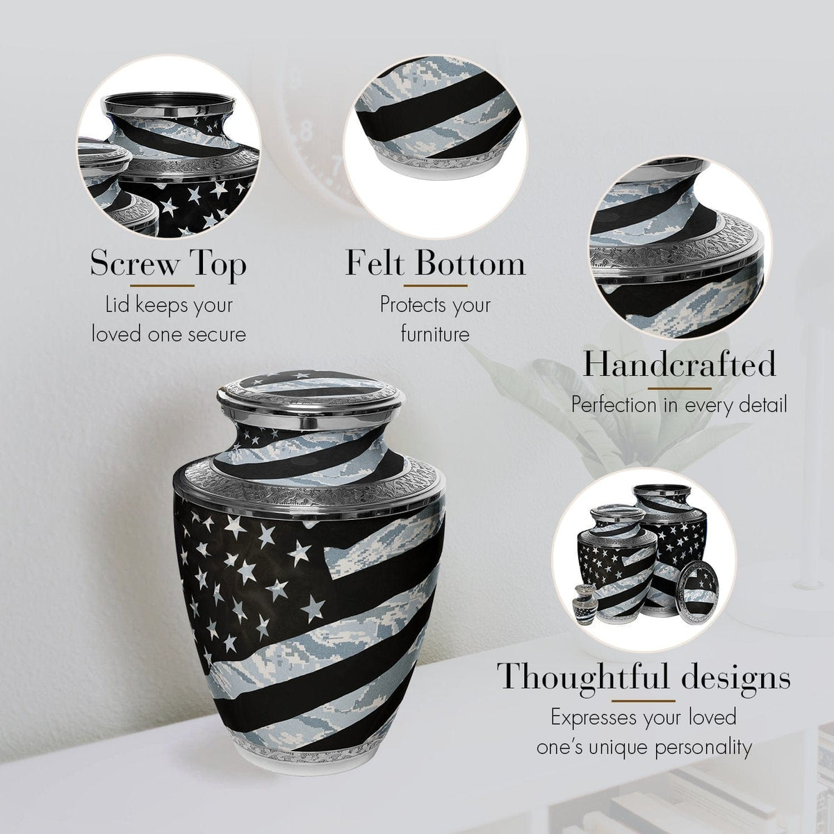 Air Force Tiger Stripe Flag Military Extra Large Urn or Companion Urn – Extra Large Urns for Human Ashes | XL Urn & XXL Urn