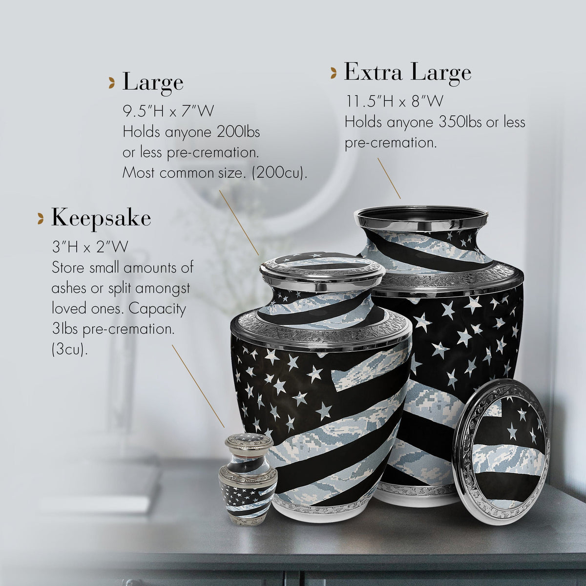 Air Force Tiger Stripe Flag Military Cremation Urns for Human Ashes - Large Adult Funeral Urn