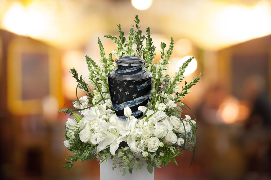 Navy Blue Camouflage Flag Military Cremation Urns for Human Ashes - Large Adult Funeral Urn