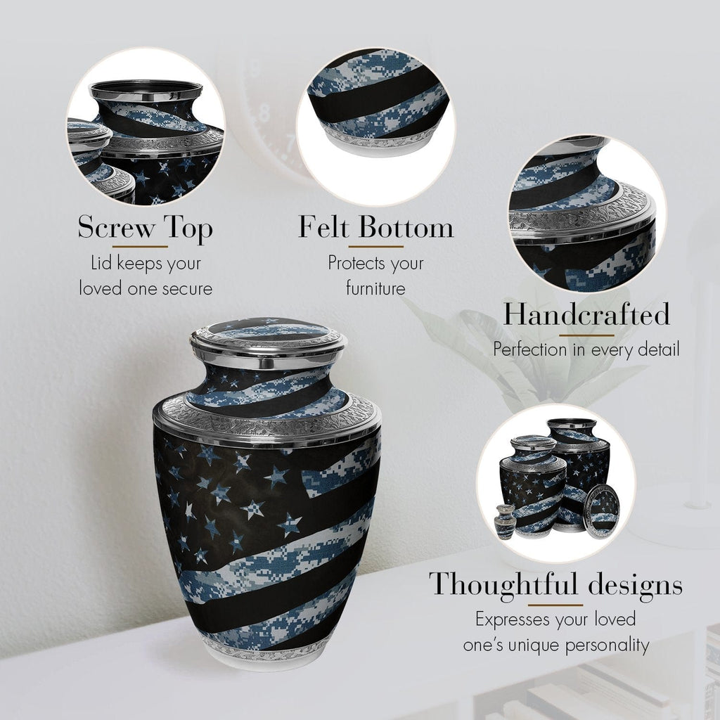 Navy Blue Camouflage Flag Military Cremation Urns for Human Ashes - Large Adult Funeral Urn