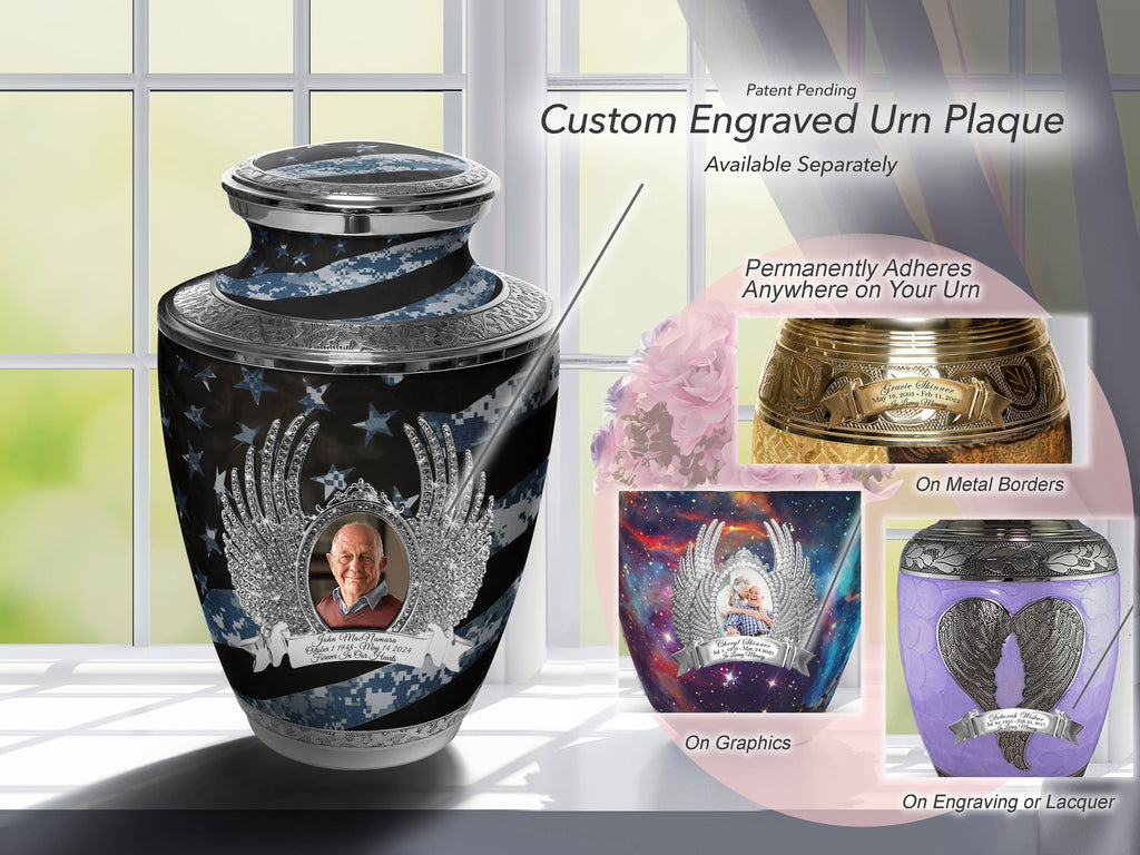 Navy Blue Camouflage Flag Military Cremation Urns for Human Ashes - Large Adult Funeral Urn
