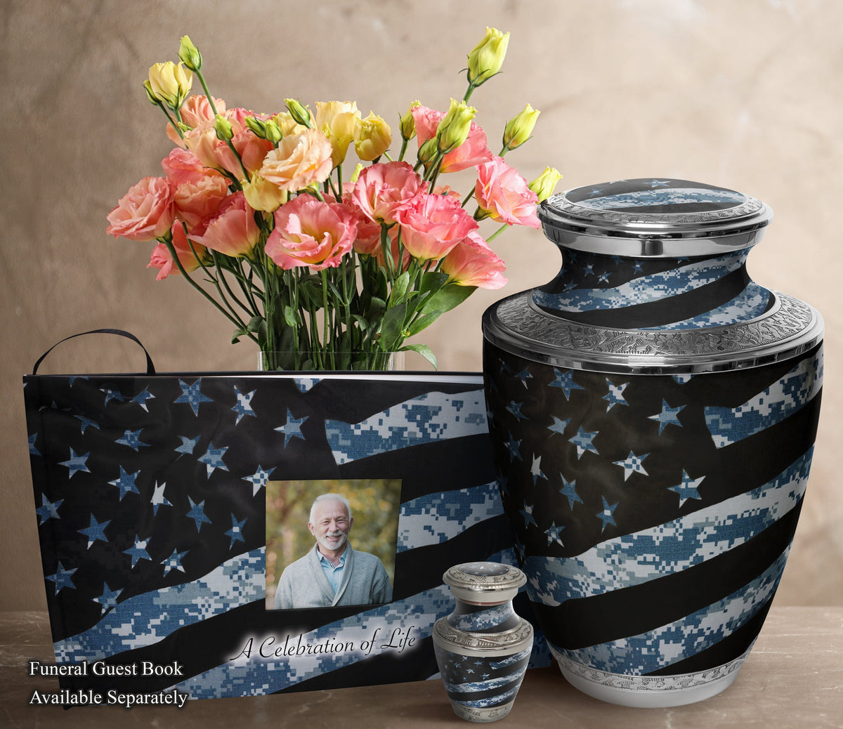 Navy Blue Camouflage Flag Military Cremation Urns for Human Ashes - Large Adult Funeral Urn