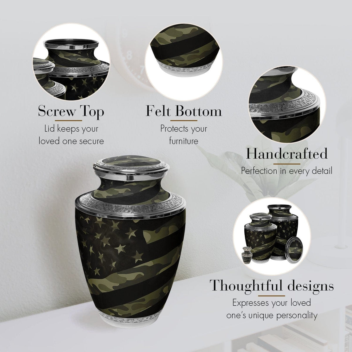 Traditional Camouflage Cremation Urns for Human Ashes - Large Adult Funeral Urn