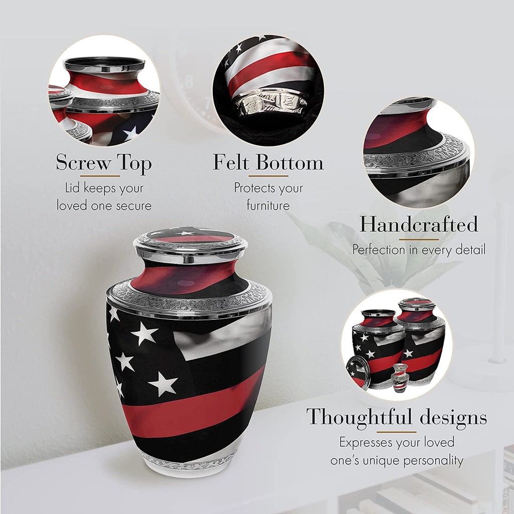 Red Line Firefighter Cremation Urns for Human Ashes - Large Adult Funeral Urn