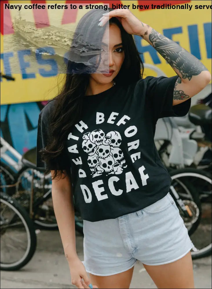 Death Before Decaf Cotton Blend Coffee Skull Graphic Tee for Women