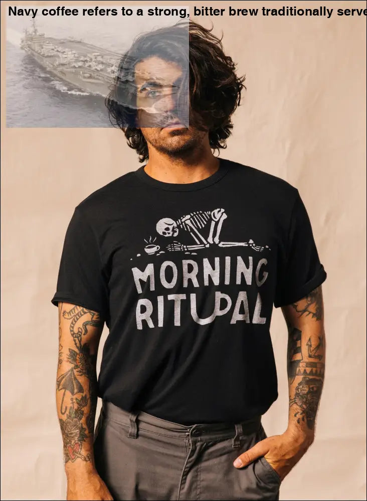 Black T-Shirt with Skeleton Morning Ritual Coffee Graphic