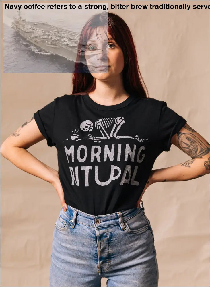 Black T-Shirt with Skeleton Morning Ritual Coffee Graphic